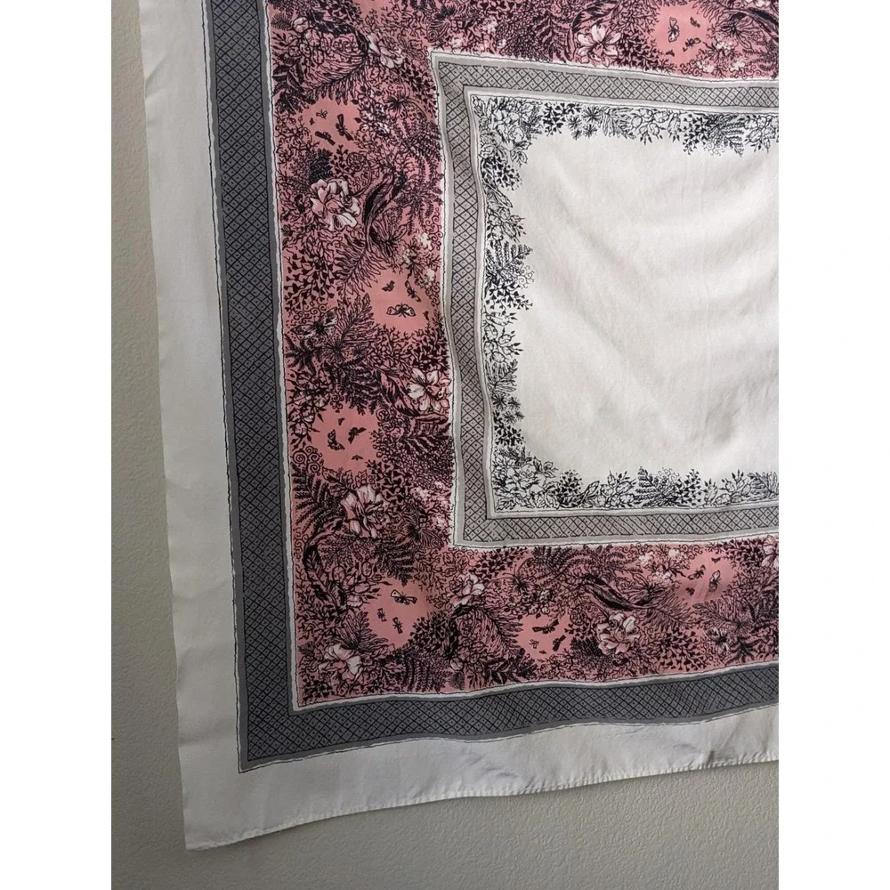 Vintage California Hand Prints Tablecloth Pink Gray Botanical Butterflies 1950s
